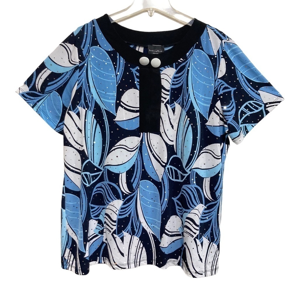 Brittany Black Blouse Women's Size 1X Blue Black Sparkle Embellish Short Sleeve